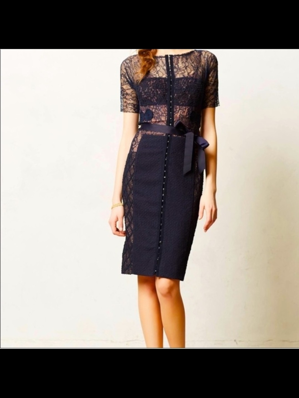 Anthropologie Byron Lars Dark Blue "Beguile" Lace Midi - Size 8